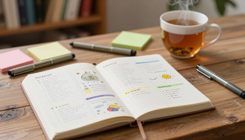 A beautifully arranged bullet journal open on a rustic wooden desk in soft, natural light. In the foreground, the journal's pages are filled with colorful bullet points, doodles, and sections labeled for different purposes. A cozy, inviting atmosphere envelops the scene, enhanced by a cup of steaming herbal tea beside the journal, and a few art supplies like colored pens and sticky notes elegantly scattered around. In the background, a softly blurred bookshelf adds depth to the image. The angle captures a close-up view of the journal while allowing elements of the desk to frame the composition. The overall mood is warm and creative, ideal for illustrating a guide on starting a simple and functional bullet journal.