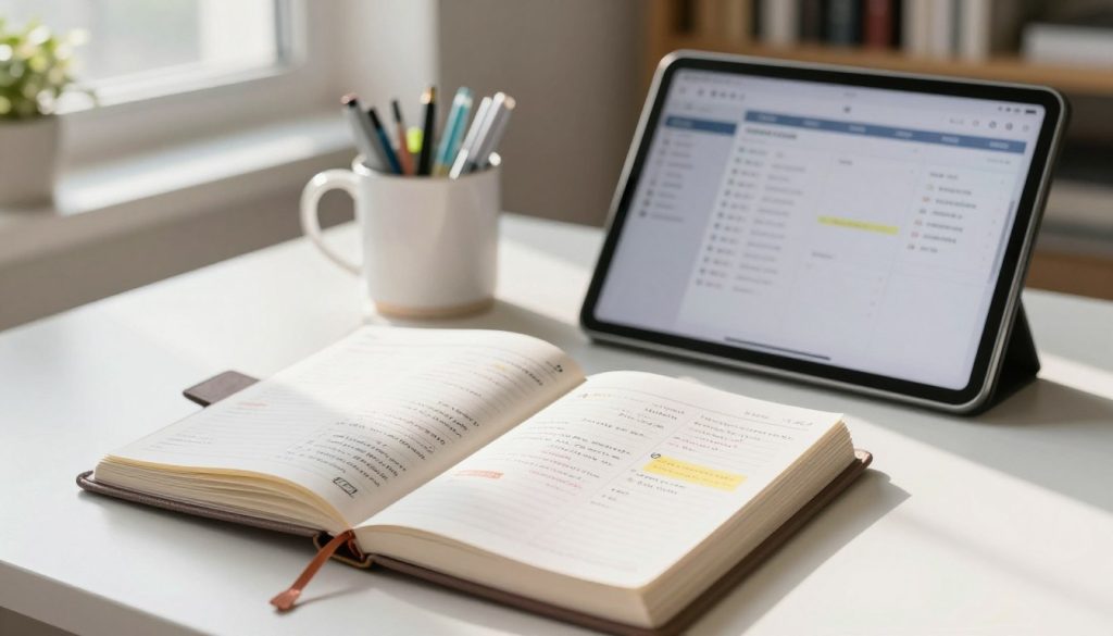 A beautifully arranged desk scene showcasing a physical planner in the foreground, open to a colorful weekly spread filled with neatly handwritten notes and doodles. Beside it, a sleek tablet displaying a digital planner interface, illuminated by soft natural light coming through a nearby window. In the middle ground, a stylish mug filled with pens and highlighters adds a touch of organization. The background features a subtle office setting with bookshelves and plants, creating a serene and productive atmosphere. The composition captures the contrast between traditional and digital planning, emphasizing serenity and focus, shot with a shallow depth of field to highlight the planner details. The overall mood is inspiring and inviting for professionals seeking organizational tools.