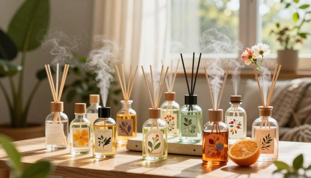 A beautifully arranged display of various natural aroma sprays in elegant glass bottles, showcasing vibrant colors and intricate labels. The foreground features a selection of eco-friendly diffusers with floral, citrus, and herbal scents, each with a subtle mist being released. In the middle, a cozy, sunlit room with green plants and soft textures creates a welcoming atmosphere. The background includes a softly glowing window with sheer curtains, letting warm sunlight filter in. A delicate arrangement of fresh flowers nearby enhances the natural essence. The scene conveys a refreshing and calming vibe, inviting viewers to explore innovative ways to keep their homes fragrant. Natural lighting emphasizes the clarity of the glass and the lively colors of the sprays.