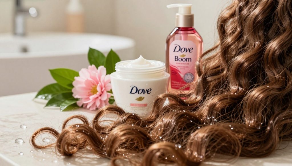 A beautifully styled scene featuring a close-up of a luminous, curly hair texture, showcasing radiant shine and softness, reminiscent of the effects of premium hair creams. In the foreground, droplets of water glisten on the curls, capturing light like diamonds, emphasizing their moisture and health. In the middle, a sleek glass jar of Dove hair cream and a vibrant Seda Boom bottle are artistically arranged, surrounded by lush green leaves and soft pink flowers, enhancing the natural beauty. The background features a softly blurred, warm-toned bathroom setting illuminated by gentle, natural light, creating an inviting and soothing atmosphere. The composition conveys a sense of luxury, care, and elegance, perfect for illustrating hair beauty and nourishment.
