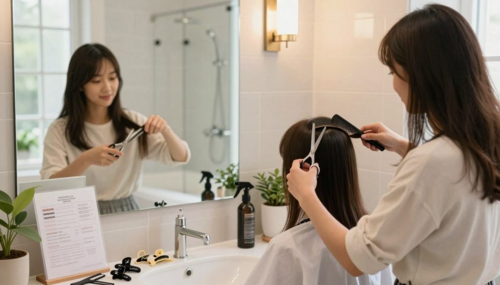 A bright, cozy bathroom setting with warm, natural light streaming in from a window. In the foreground, a young woman dressed in casual, modest clothing stands in front of a large mirror, focused on cutting her hair in layers. She is using professional hairdressing scissors and a comb, clearly sectioning her hair into neat parts. The middle ground features various hairdressing tools like clips, a spray bottle, and a clear instructional guide propped on the counter. The background consists of a neatly organized bathroom with light-colored tiles and plants for a refreshing atmosphere. The overall mood is calm and encouraging, reflecting the DIY hair-cutting experience at home.
