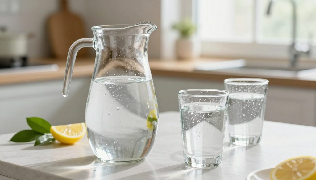 A clear glass pitcher filled with fresh water sits prominently in the foreground, reflecting light and creating a sense of purity. Nearby, several transparent glasses filled with water showcase droplets forming on the outside, emphasizing freshness and hydration. In the middle ground, a clean, simple kitchen counter with a few green leaves and a lemon slice adds a touch of natural color. In the background, soft, diffused natural light streams through a window, casting gentle shadows and creating an inviting atmosphere. The overall mood is refreshing and uplifting, symbolizing health and vitality. Ensure the focus is sharp on the water elements, capturing the essence of hydration. The angle should be slightly elevated, giving a clear view of the water's clarity and freshness without any distractions.