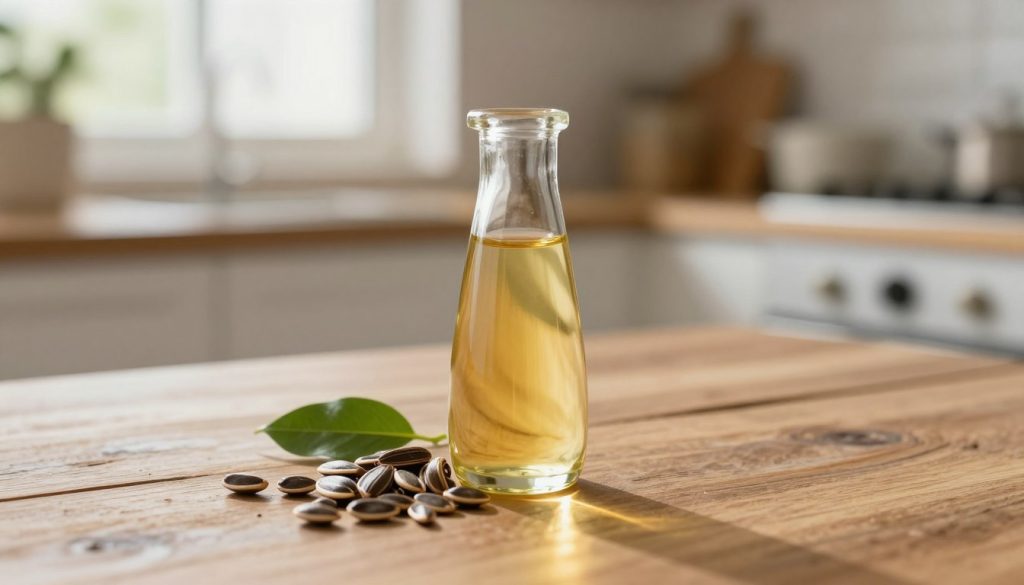 A close-up composition of a small glass bottle of castor oil elegantly placed on a rustic wooden table. The bottle, with its tapered neck and golden-yellow liquid, reflects soft, warm sunlight filtering through a nearby window. In the foreground, scattered raw castor seeds create a natural, organic feel, while a few green leaves add a touch of freshness. The background features a blurred, cozy kitchen scene, suggesting a homey atmosphere, enhancing the theme of homemade remedies. The lighting is soft and inviting, with a shallow depth of field emphasizing the bottle and seeds, creating a serene and tranquil mood, perfect for a discussion about hair growth oils.