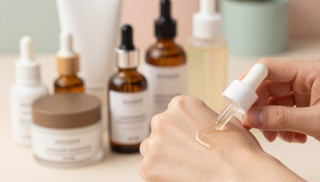 A close-up image illustrating skincare application techniques with a focus on different product textures. In the foreground, a well-groomed hand applies a lightweight serum onto the skin, showcasing a smooth, glistening texture. The middle ground features a neatly arranged assortment of skincare products, including creams, oils, and gels, each distinctly labeled with their respective textures. The background is softly blurred, incorporating soothing pastel colors to evoke a calming atmosphere. The lighting is soft and natural, casting gentle highlights on the textures of the products while creating a warm, inviting mood. The overall composition reflects professionalism and clarity, ideal for conveying the nuances of skincare application without any distractions.