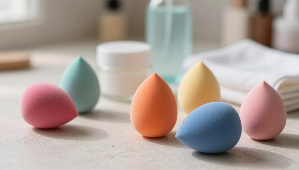 A close-up image of vibrant makeup sponges arranged artistically on a soft, textured surface. In the foreground, various shapes and sizes of makeup sponges, including a teardrop shape, a rounded design, and an angled one, showcasing their unique textures and colors. In the middle ground, a small container of gentle cleanser and a clean, soft cloth for drying, adding a sense of purpose to the scene. The background features a blurred vanity with soft, natural lighting illuminating the sponges from the left, casting gentle shadows that enhance their contours. The mood is fresh and inviting, conveying a sense of cleanliness and care, ideal for an informative article on makeup tools maintenance.