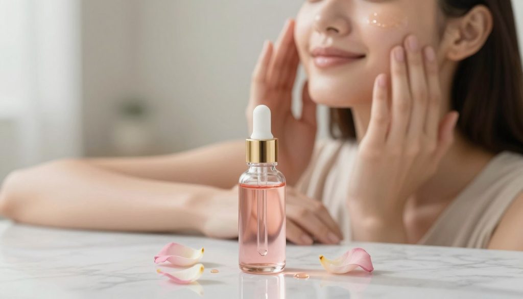 A close-up of a serene, well-lit skincare scene featuring a small glass bottle of rose hip oil, placed on a marble countertop. Around the bottle, there are delicate rose petals and a few drops of the oil glistening in the soft light, reflecting a sense of purity and natural beauty. In the background, a blurred image of a young woman with glowing skin gently applying the oil to her face, dressed in modest casual clothing, exudes tranquility and confidence. The atmosphere is calming and nurturing, infused with soft, natural lighting that highlights the woman’s radiant complexion and the oil's benefits for reducing facial blemishes. The composition focuses on the harmony between the product and its positive effects on the skin.