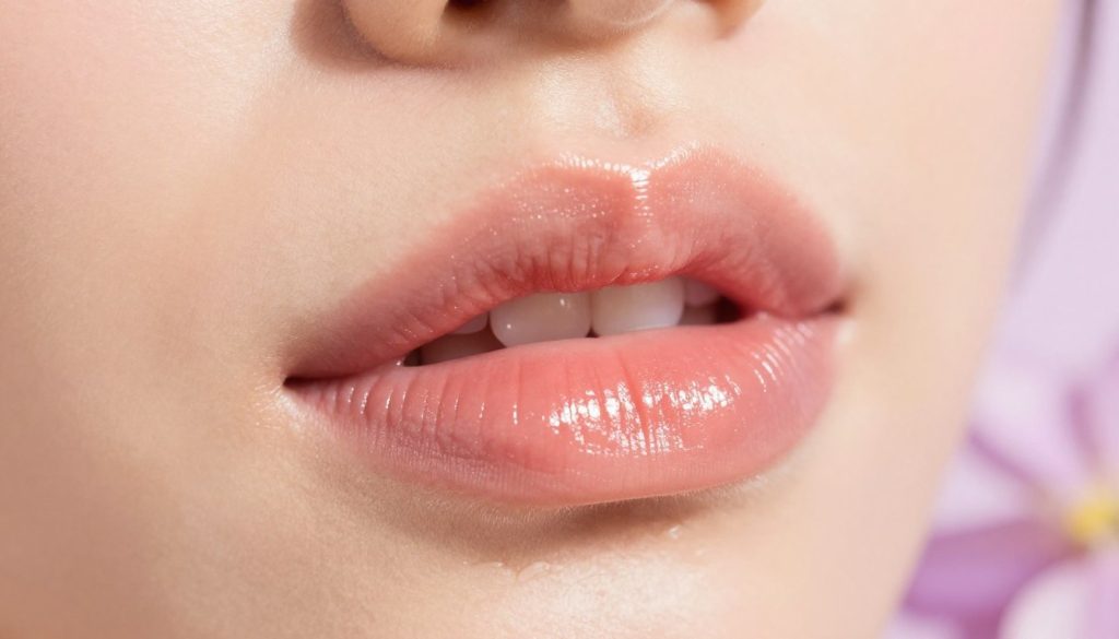 A close-up of beautifully hydrated lips, radiating softness and vibrancy. The lips are adorned with a subtle, glossy finish, reflecting gentle golden light that enhances their natural color. A hint of a fresh, floral lip balm is visible, suggesting nourishment and care. The background is softly blurred, featuring pastel shades of pink and lavender, evoking a fresh and delicate atmosphere. The lighting is warm and inviting, creating an overall mood of tranquility and beauty, perfect for a daily makeup routine. Capture from a slightly elevated angle to emphasize the lusciousness of the lips while maintaining a professional and polished look. Ensure the scene conveys a sense of freshness and simplicity, ideal for a photography article on makeup tips.