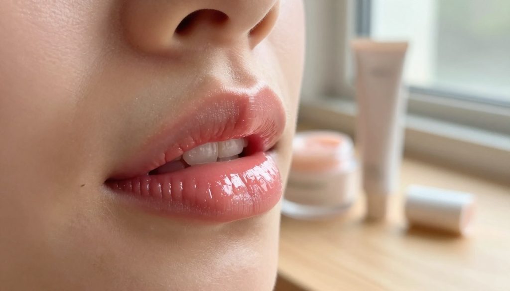 A close-up shot of beautifully hydrated lips, glistening with a subtle sheen of lip balm. The foreground showcases a pair of naturally rosy lips, slightly parted to reveal a healthy, plump appearance indicative of effective lip care. In the middle, a soft-focus background features minimalistic skincare products, such as a jar of lip cream and a sleek tube of tinted lip balm, arranged aesthetically on a smooth, light-colored wooden surface. Gentle, warm daylight filters through a nearby window, creating a serene atmosphere that emphasizes the importance of lip hydration. The overall mood is fresh and inviting, conveying a sense of well-being and self-care that encourages readers to prioritize their lip care routine.