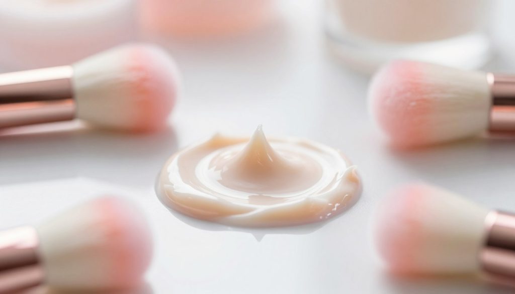 A close-up view of a beauty primer on a smooth, reflective surface, emphasizing its blurring effect and texture. The primer should appear creamy with a silky sheen, surrounded by delicate, soft-focus makeup brushes. In the background, gently blurred pastel colors create an ethereal atmosphere, enhancing the theme of skin perfection. The lighting is soft and diffused, mimicking natural daylight to highlight the product's effectiveness, while a shallow depth of field directs focus solely on the primer. The overall mood is serene and inviting, suggesting a luxurious skincare experience ideal for oily skin.