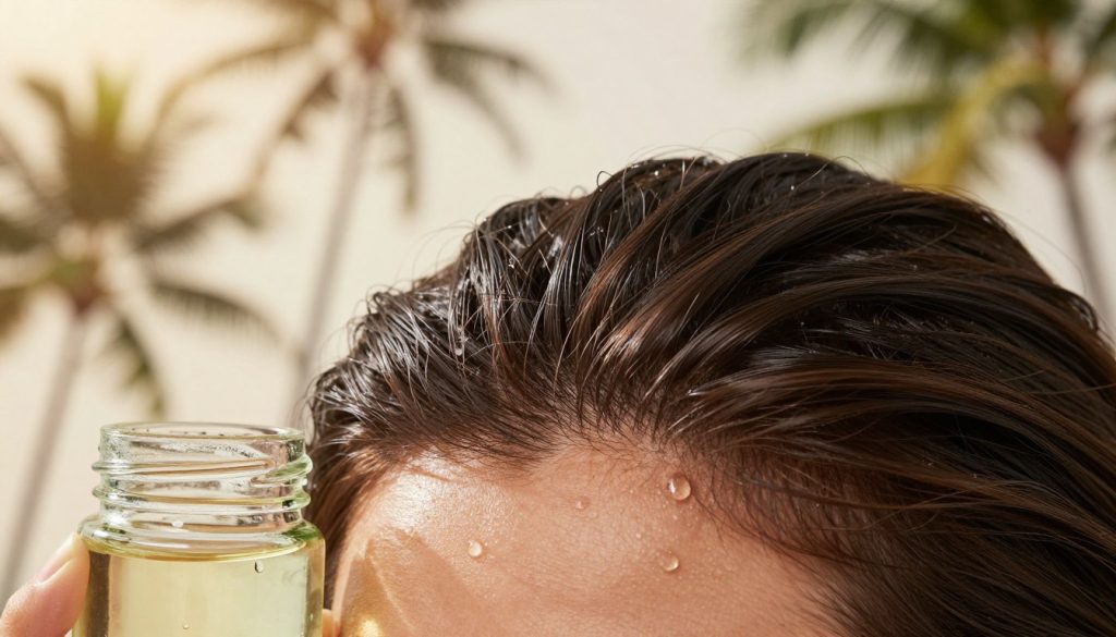 A close-up view of a healthy and vibrant scalp, highlighting its texture and natural sheen. The focus is on the scalp, showcasing individual hair follicles and the skin’s surface, adorned with droplets of coconut oil to emphasize hydration and nourishment. In the foreground, include a small glass jar of organic coconut oil, glistening and reflecting soft, natural light. In the background, faint silhouettes of tropical coconut trees create a serene and calming atmosphere, suggesting a connection to the coconut source. The lighting is warm and diffused, mimicking gentle sunlight, to convey an inviting and soothing mood. The image should be rich in detail, showcasing the importance of scalp health in hair care without any distractions or text elements.
