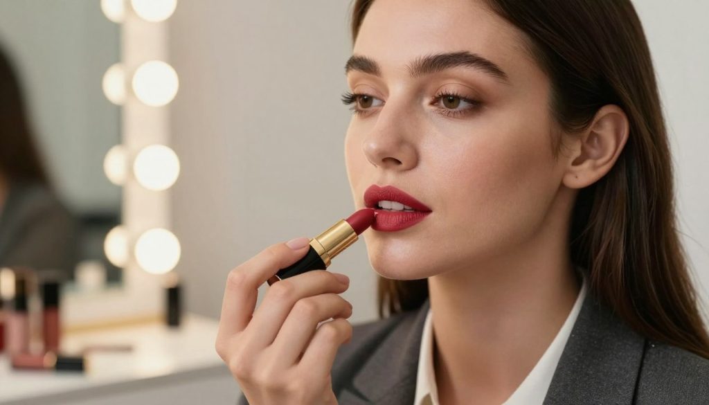A close-up view of a well-groomed woman gracefully applying a rich, vibrant lipstick from a sleek tube, capturing the essence of maintaining a bold lip color. The woman, dressed in elegant business attire, has a focused yet relaxed expression, showcasing her confidence and expertise in makeup application. The foreground features the lipstick tube and her hand skillfully applying the product, while the middle ground highlights her beautifully made-up face, emphasizing flawless skin and well-defined features. In the softly blurred background, a polished vanity with subtle lighting reflects a warm, inviting atmosphere. The image has a professional, clean look with soft, natural light illuminating her face, capturing the artistry of makeup application without distractions.