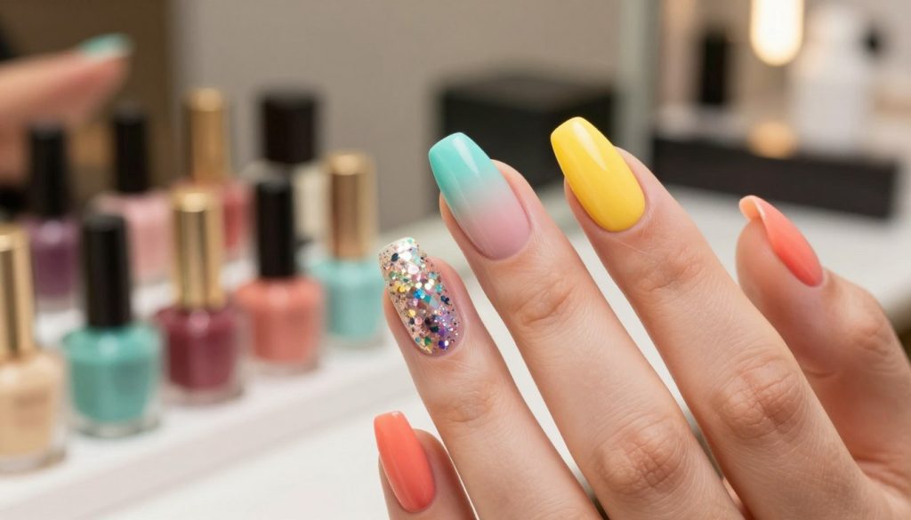 A close-up view of elegantly manicured nails showcasing a variety of nail finishes and effects that highlight summer 2026 trends. The foreground features polished nails with intricate designs, including iridescent glitters, matte textures, and soft ombre gradients in vibrant summer colors like coral, turquoise, and sunny yellow. The middle ground includes a stylish nail polish display with various bottles arranged artistically, emphasizing innovative finishes. The background is softly blurred, suggesting a chic salon setting with warm, ambient lighting that creates a cozy, inviting atmosphere. The composition captures the mood of luxury and creativity, aimed at women seeking fresh manicure inspiration for the summer season.