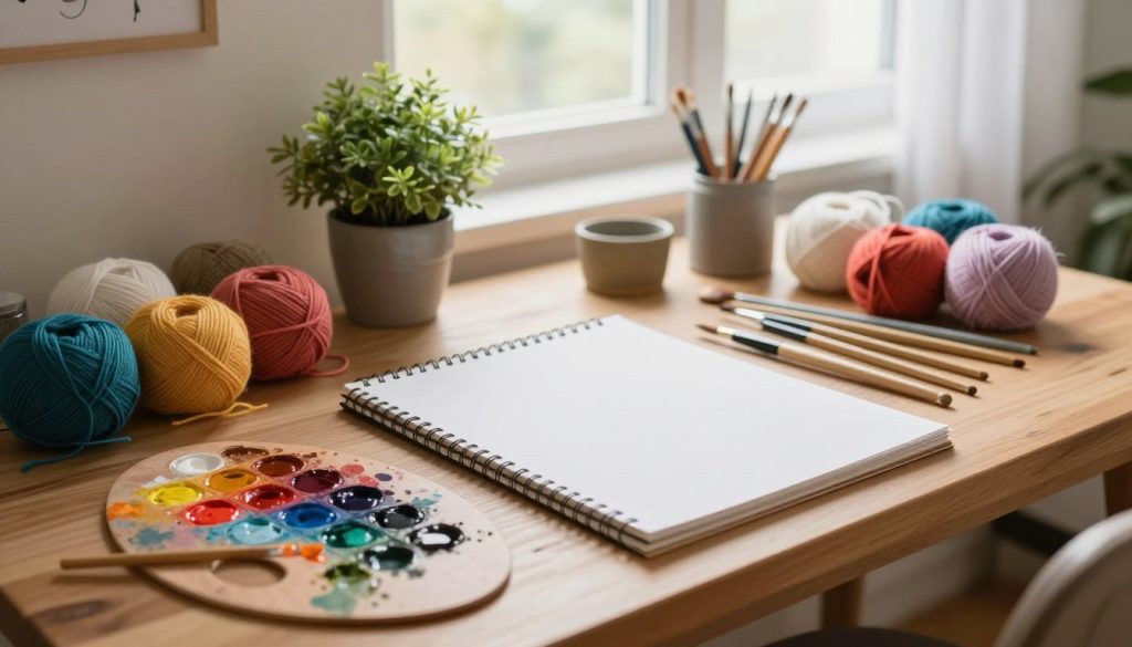 A cozy and inviting workspace featuring essential hobby materials laid out on a wooden desk. In the foreground, a palette of vibrant paints, brushes, and a sketchpad invite creativity, while a neatly arranged set of knitting needles and colorful yarn sits nearby, suggesting a relaxing atmosphere for crafting. In the middle ground, a small potted plant adds a touch of greenery, enhancing the sense of calm. The background showcases a softly lit window with sheer curtains allowing natural light to stream in, creating a warm ambiance. The scene is shot from a slight overhead angle, emphasizing the inviting setup. It's a serene and inspiring environment that encourages relaxation and artistic expression, perfect for unwinding after a long day.