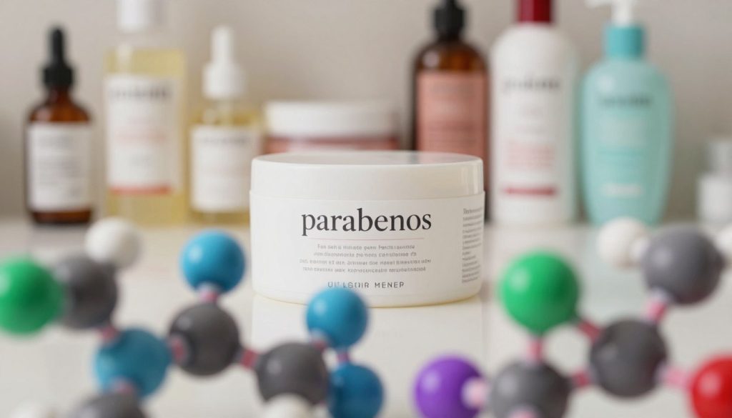 A detailed, artistic representation of parabenos, depicted as colorful, abstract molecular structures in the foreground, emphasizing vibrant colors like blues, greens, and purples. In the middle ground, showcase a soft-focus background of a well-organized cosmetic label highlighting key ingredients in a modern, elegant font, without any text. The background features blurred beauty products typically used for curly hair, like curl creams and leave-in conditioners, arranged neatly on a vanity. Use soft, natural lighting to create a warm, inviting atmosphere, capturing the essence of beauty and care. The angle should be slightly overhead to provide a comprehensive view, allowing the viewer to appreciate both the molecular structures of the parabenos and the beauty products they pertain to.