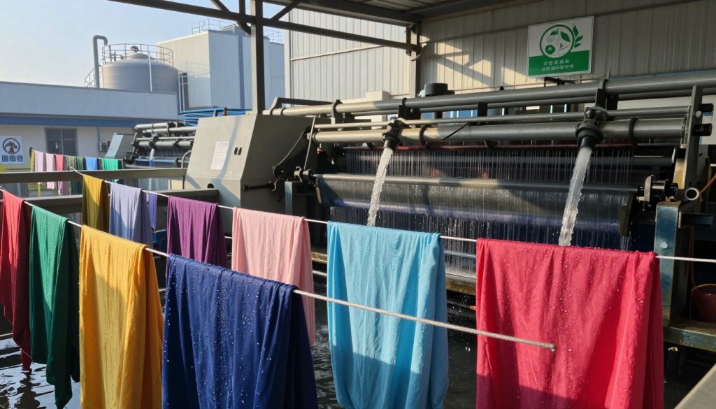 A detailed scene depicting the textile industry’s water usage, showcasing a bustling industrial environment. In the foreground, a variety of colorful fabrics hang to dry, droplets of water glistening on the vibrant textiles. The middle ground features large machinery involved in dyeing processes, with streams of water flowing through pipes. In the background, an industrial plant looms, with water tanks and sustainable resource management signs, under a clear blue sky. Soft, natural light filters through the factory windows, casting gentle shadows, creating a contrast between innovation and environmental concern. The overall mood is one of reflection on the hidden costs of fast fashion versus the ideals of sustainable fashion.