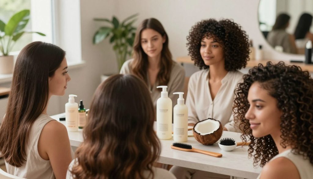 A diverse array of hairstyles representing various hair types, including straight, wavy, curly, and coily textures, displayed on a variety of professional models of different ethnicities. In the foreground, focus on a model with shiny, well-groomed hair under soft, natural lighting to highlight the hair's luster. In the middle, showcase a collection of coconut oil products and tools used for hair care, such as a comb and small bowl, arranged aesthetically. In the background, a serene, airy salon setting with plants and light-colored walls to create a fresh and inviting atmosphere. The overall mood should convey a sense of calm and well-being, emphasizing hair health and proper care techniques.