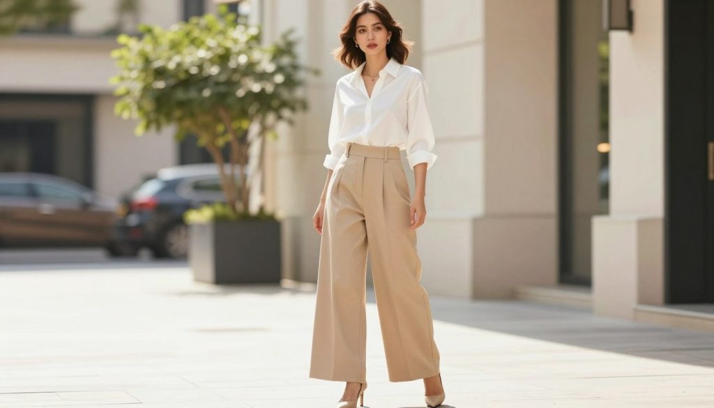 A fashionable woman of petite stature, gracefully modeling a wide-leg trouser ensemble. In the foreground, she wears a chic, tailored white blouse tucked into high-waisted beige wide-leg pants, complemented by pointed-toe heels to elongate her silhouette. Her hair is styled elegantly, and she exudes confidence. In the middle ground, a stylish urban setting suggests a casual yet sophisticated atmosphere, featuring subtle hints of greenery and soft architectural elements. The background showcases a bright, sunny day with soft diffused lighting, creating a warm and inviting ambiance. The scene captures a mix of casual and elegant style, embodying versatility, perfect for petite individuals seeking fashion inspiration.