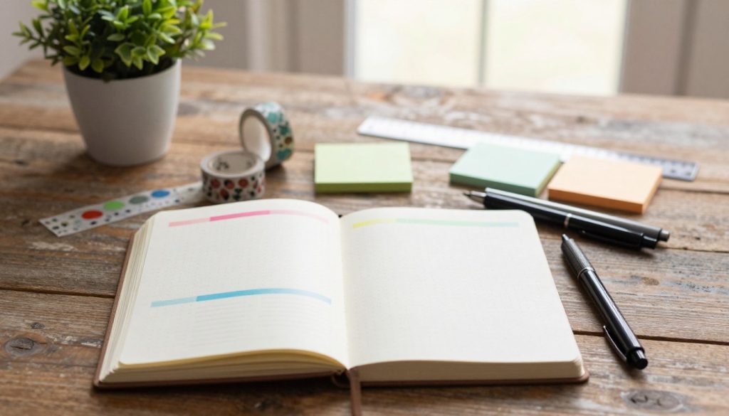A flat lay arrangement showcasing essential bullet journal materials on a rustic wooden table. In the foreground, a beautifully crafted, open bullet journal with dotted pages, featuring colorful headers and neatly organized sections. Beside it, a set of high-quality pens in various colors, including a black gel pen and a fine-tip marker, positioned artistically. In the middle ground, a few decorative washi tapes, a ruler, and sticky notes, all elegantly displayed with a hint of greenery from a small potted plant. The background is softly blurred, with warm, natural light streaming in from a window, creating a cozy and inviting atmosphere ideal for planning and creativity. The overall mood is calm, inspiring, and organized, perfect for journaling enthusiasts.