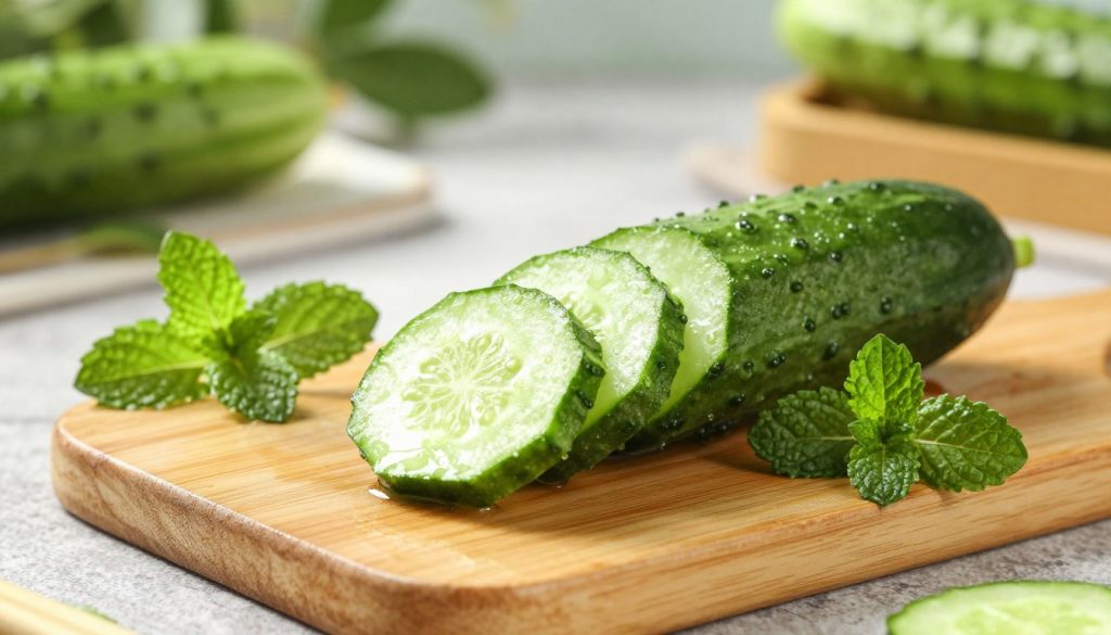 A fresh, sliced cucumber rests on a natural wooden cutting board, glistening with moisture to emphasize its freshness. Surrounding the cucumber are sprigs of vibrant green mint leaves, strategically arranged to enhance the cooling sensation of the image. Soft, natural light filters in from the left, creating gentle shadows that add depth and texture to the scene. The background is softly blurred, showcasing a rustic kitchen setting with hints of greenery, evoking a calming and refreshing atmosphere. The overall color palette should be soothing, dominated by shades of green and earthy tones to reflect the rejuvenating qualities of the cucumber and mint combination. Ensure the composition feels clean, inviting, and energizing, embodying a sense of tranquility and freshness.