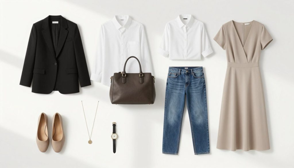A minimalistic capsule wardrobe displayed elegantly on a clean white background. In the foreground, showcase a variety of versatile clothing pieces: a tailored black blazer, a crisp white shirt, a pair of classic jeans, and a simple yet chic dress. In the middle, include neutral-toned shoes, a stylish handbag, and understated accessories, like a delicate necklace and a watch. In the background, soft natural lighting creates a serene atmosphere, casting gentle shadows that enhance the textures of the clothing. The composition should emphasize simplicity and functionality, highlighting how these few key pieces can be mixed and matched. Capture the mood of modern sophistication with an emphasis on clean lines and an uncluttered aesthetic, evoking a sense of effortless style.