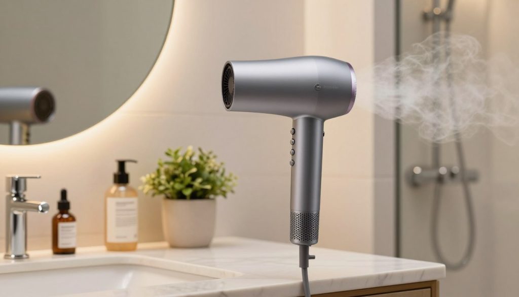 A modern hairdryer prominently displayed in a bright, inviting bathroom setting. In the foreground, the hairdryer, sleek and stylish, is positioned on a marble countertop next to a round mirror. In the middle ground, a small potted plant adds a touch of greenery, while a variety of neatly arranged hair products can be seen. The background features soft, warm lighting that creates a cozy atmosphere, enhancing the scene. A hint of steam from a nearby shower suggests warmth, emphasizing the concept of hair care and styling. Capture the scene from a slightly lower angle to make the hairdryer the focal point, ensuring a clear view of its features and design.