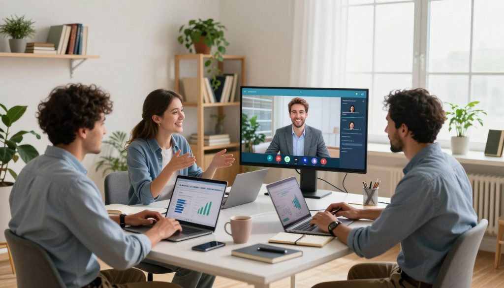 A modern home office scene depicting remote communication and collaboration. In the foreground, a diverse group of three professionals—two men and a woman—are engaged in a video conference, smiling and actively discussing. They are dressed in smart casual attire, seated at sleek desks filled with laptops, notebooks, and coffee mugs. In the middle ground, a large screen displays a virtual meeting with vibrant graphics and charts, emphasizing teamwork. The background features a well-organized, stylish home office with plants, shelves filled with books, and a bright window letting in natural light. The atmosphere is warm and productive, evoking a sense of connection and teamwork despite physical distance. Soft diffused lighting adds a professional yet inviting mood to the scene, captured from a slightly elevated angle to emphasize the collaborative environment.