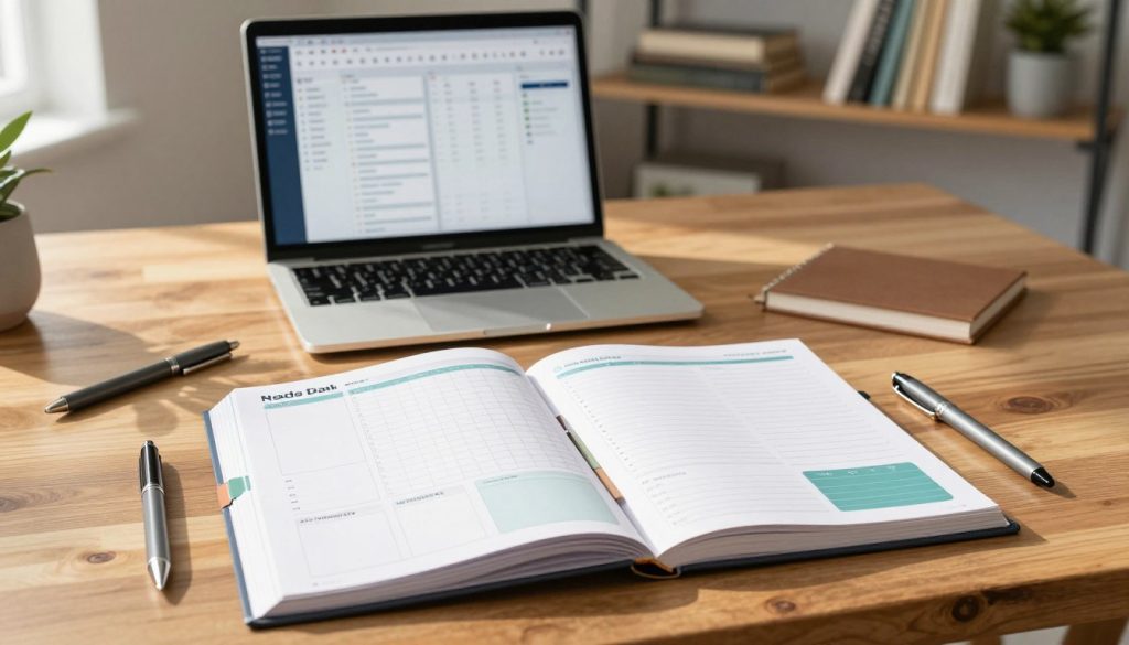 A modern workspace showcasing a beautifully designed digital planner on a sleek wooden desk. The foreground features an open planner with various page layouts, structured grids, and visually appealing sections for daily, weekly, and monthly planning. Pens and stationery are tastefully arranged alongside the planner. In the middle ground, an elegant laptop displays digital planner software, emphasizing the integration of technology in planning. The background includes soft-focus shelves filled with books and decorative items, creating a warm and inviting atmosphere. Soft, natural lighting streams in from a nearby window, casting gentle shadows and enhancing the colors of the planner. The mood is productive and organized, reflecting a clear focus on effective planning solutions.