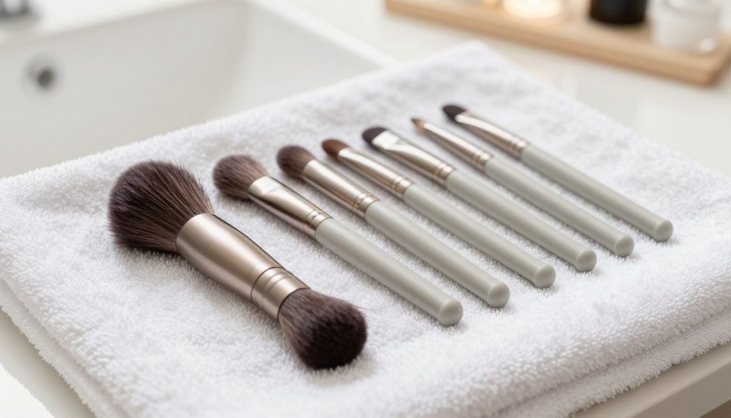 A neatly arranged set of makeup brushes drying on a clean, soft white towel, showcasing their beautiful bristles and elegant designs. The brushes are laid flat, their bristles fanned out to emphasize the need for proper drying techniques to maintain their shape. In the background, a softly lit vanity with gentle reflections of natural light creating a warm and inviting atmosphere. The focus is sharp on the brushes while maintaining a slight blur in the background to enhance depth. The overall mood is tranquil and organized, conveying a sense of meticulous care and cleanliness essential for makeup tools. The image should be bright and well-lit, evoking a fresh and hygienic feel.