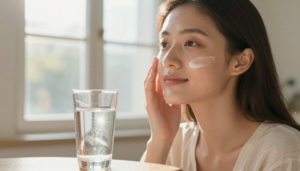 A serene and calming scene depicting the progression of light throughout the day, emphasizing the importance of hydration for oily skin. In the foreground, a sleek glass of water, reflecting sunlight, symbolizes hydration. In the middle, a soft-focus view of a light, gel-like moisturizer being applied to a model's face with a gentle expression, dressed in modest casual attire. In the background, a window reveals a bright, sunny day outside, with the sun's rays casting a warm glow that highlights the skin’s texture, promoting a sense of vitality. The overall mood is uplifting and refreshing, with natural lighting enhancing the delicate features of the scene, conveying a sense of health and wellness with a balanced focus on hydration.