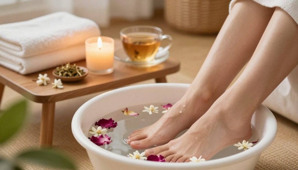 A serene and inviting home setting for a relaxing foot soak, showcasing cozy and warm elements. In the foreground, a pair of feet resting in a bowl of warm water, gently stirring with a few floating flower petals, like jasmine and rose. The middle ground features a small table with a scented candle, a cup of herbal tea, and soft towels neatly folded. The background includes soft, diffused lighting that creates a tranquil atmosphere, with warm wooden textures and a houseplant subtly framing the scene. The lens captures the composition from a slightly elevated angle, emphasizing the joyful and calming essence of a self-care moment. The overall mood is peaceful and restorative, perfect for a home spa experience.