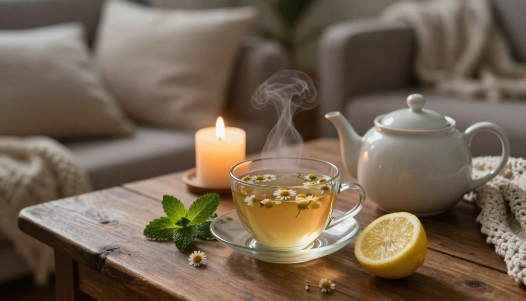 A serene and inviting scene featuring a cozy tea setup on a rustic wooden table. In the foreground, a steaming cup of herbal tea, infused with calming chamomile and mint, rests beside a small teapot. A few sprigs of fresh herbs and a slice of lemon are elegantly placed nearby. In the middle ground, a softly lit candle flickers, casting a warm glow that invites relaxation. The background reveals a dimly lit room with plush pillows and a knit blanket draped over a comfortable armchair, enhancing the tranquil atmosphere. The overall mood is peaceful and soothing, perfect for promoting restful sleep. Use natural lighting to highlight the warm tones, shot from a slightly elevated angle to capture the essence of a nighttime ritual.