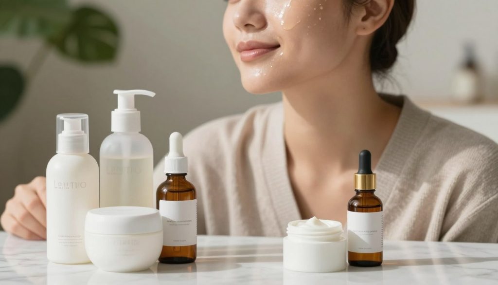 A serene and inviting scene showcasing healthy skin and hydration. In the foreground, a variety of skincare products, including moisturizers, serums, and oils, neatly arranged on a marble countertop, reflecting soft, natural light. In the middle ground, a close-up of a person’s face, depicted with glowing, hydrated skin, wearing modest casual clothing, exuding tranquility and confidence. The background features a soothing spa-like environment with greenery and soft textures, creating a calm atmosphere. Bright yet gentle lighting highlights the skin's radiance, while a soft focus on the background adds depth. This image encapsulates the essence of skin hydration and care, emphasizing the importance of a healthy skin barrier and effective moisturizing ingredients.
