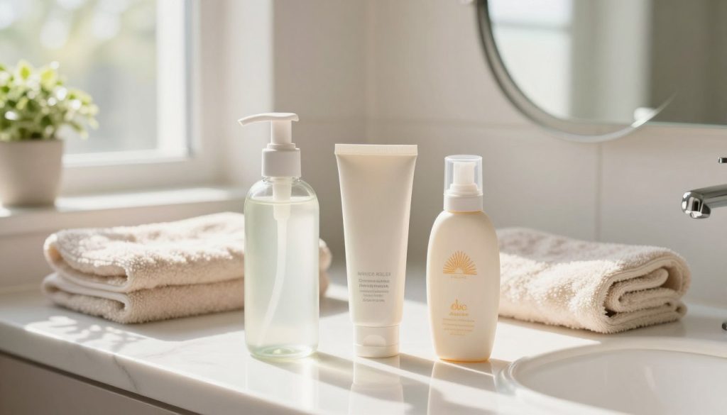 A serene bathroom countertop features essential skincare products for a basic routine. In the foreground, there are three neatly arranged items: a gentle cleanser in a clear bottle, a light hydrating moisturizer in a minimalist tube, and a stylish sunscreen lotion with a pump. The middle ground showcases a soft, fluffy towel and a small, elegant mirror reflecting soft natural sunlight streaming in through a window, creating a warm and inviting atmosphere. The background features subtle greenery, such as a small potted plant, enhancing the freshness of the scene. The lighting is bright yet soft, mimicking a sunny morning. The overall mood is calm and inviting, perfect for beginners embarking on their skincare journey.