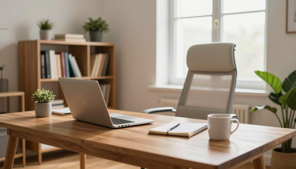 A serene home office environment showcasing an organized workspace. In the foreground, a stylish wooden desk clutter-free, featuring a sleek laptop, a notepad, and a coffee mug. The middle ground reveals a comfortable office chair and a bookshelf filled with neatly arranged books and a few decorative plants. In the background, large windows allow natural light to stream in, illuminating the space and creating a warm atmosphere. Soft, neutral wall colors enhance the sense of calm, while a vibrant green plant peeking from the corner adds a touch of life. The mood is inspiring and professional, perfect for enhancing productivity in a remote work setting. The perspective is eye-level, capturing the inviting ambiance of a home office without any people present.