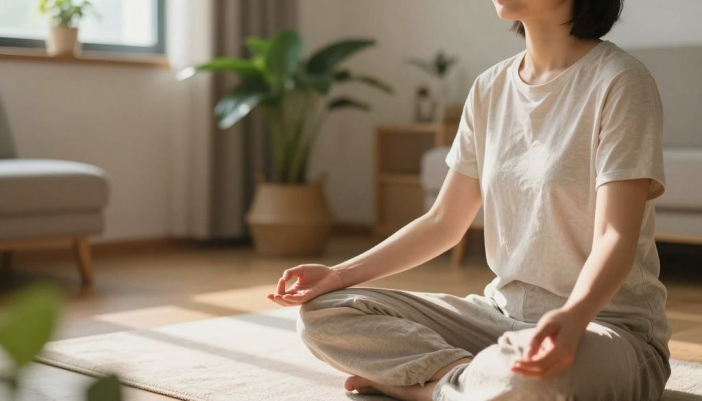 A serene indoor space dedicated to mindfulness and breathwork, featuring a calm individual in modest casual clothing, practicing deep breathing techniques. The foreground highlights the person's focused expression, with hands gently resting on their knees in a meditative posture. In the middle, a soft rug and green plants create a tranquil environment, while gentle sunlight filters through a nearby window, casting warm rays across the scene. The background shows a cozy, uncluttered room with calming colors, enhancing the atmosphere of peace and relaxation. The overall mood is soothing and inspiring, capturing the essence of safely practicing breath techniques to manage anxiety. Camera angle from slightly below eye level to emphasize the subject's calm demeanor, with soft focus on the background.