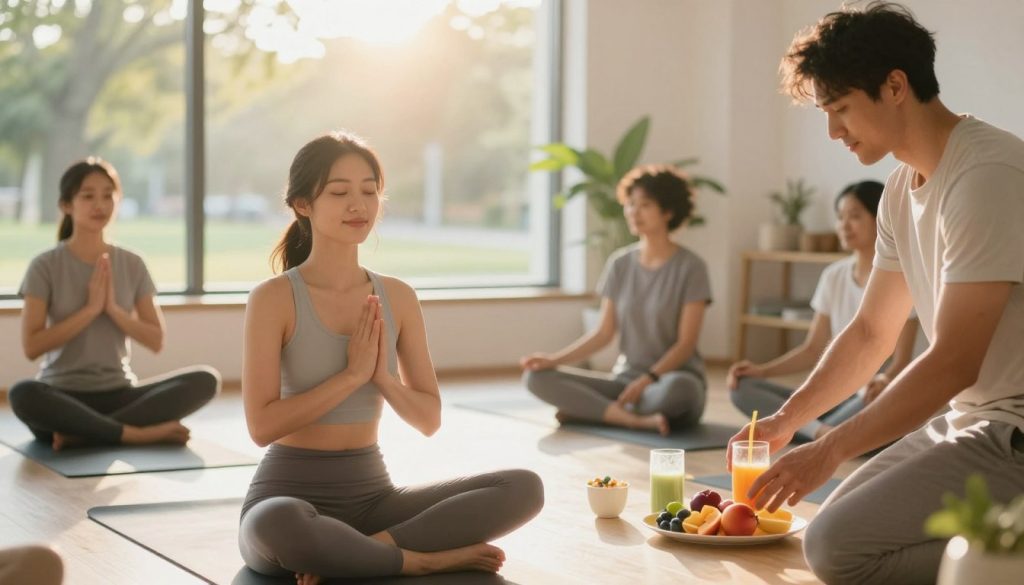 A serene morning scene featuring a diverse group of individuals practicing energizing morning habits in a bright, airy space. In the foreground, a woman in professional casual attire is practicing yoga on a mat, with a peaceful expression. To her right, a man prepares a healthy breakfast with fresh fruits and a smoothie, showcasing vibrant colors. In the middle ground, a window reveals sunlight streaming in, casting warm golden tones that create a cozy atmosphere. A potted plant adds a touch of nature, enhancing the rejuvenating feel of the scene. The background features soft, blurred outlines of a tranquil park outside, all contributing to a positive, uplifting mood, perfect for promoting energizing morning routines. The composition should embody a sense of harmony and vitality.
