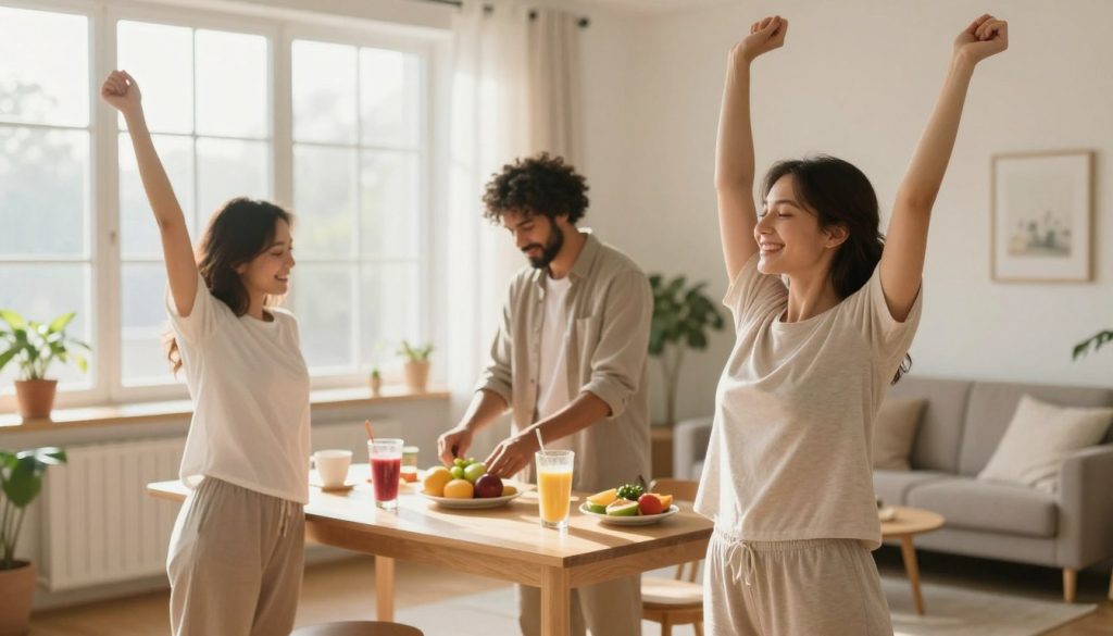 A serene morning scene in a cozy home, showcasing a diverse group of three individuals engaged in uplifting morning routines. In the foreground, a woman in comfortable, modest loungewear stretches with a smile on her face, exuding energy and positivity. In the middle, a man in a casual shirt prepares a healthy breakfast, with fresh fruits and a vibrant smoothie on the table, all illuminated by soft, warm morning light streaming through a window. The background features a calming living space with plants and gentle decor, reinforcing a sense of tranquility. The overall atmosphere is bright, inviting, and full of potential, embodying the concept of incorporating energizing habits into daily life without stress. Use a wide-angle lens for a dynamic perspective, capturing the essence of a peaceful, productive morning routine.