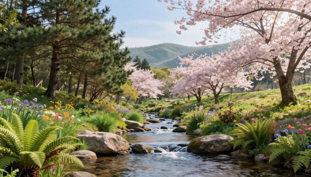 A serene natural landscape depicting a lush, tranquil setting. In the foreground, a peaceful stream gently flows over smooth rocks, surrounded by vibrant green ferns and colorful wildflowers. The middle ground showcases a variety of trees, including tall pines and blooming cherry blossoms, creating a harmonious blend of colors. In the background, rolling hills fade into a soft, misty horizon under a clear blue sky. Warm sunlight filters through the leaves, casting dappled shadows on the ground. The atmosphere is calm and inviting, promoting relaxation and mindfulness. The image captures the essence of nature as a soothing escape, perfect for illustrating the concept of choosing a relaxing hobby.
