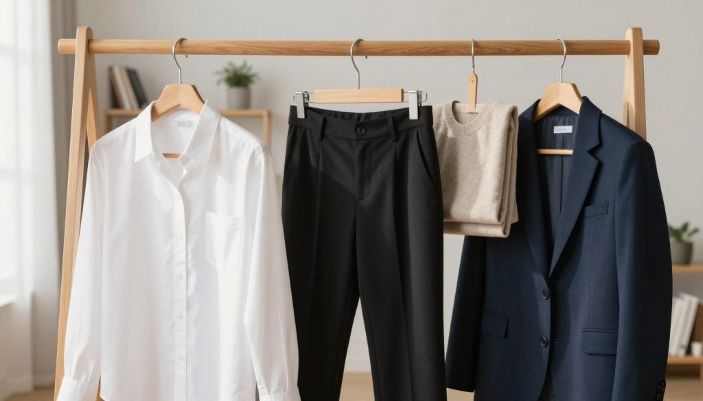 A serene room setting featuring five essential clothing pieces for a capsule wardrobe, arranged elegantly on a wooden clothing rack. In the foreground, include a classic white button-up shirt and a tailored navy blazer, both hung gracefully. In the middle, display high-waisted black trousers and a casual light beige sweater folded neatly on a soft, neutral-toned fabric. In the background, softly blurred shelves with minimalistic decor like plants and books create a cozy atmosphere. Use soft, natural light coming from a window, casting gentle shadows to enhance the texture of the fabrics. The mood is inviting and stylish, capturing the essence of a well-curated wardrobe.