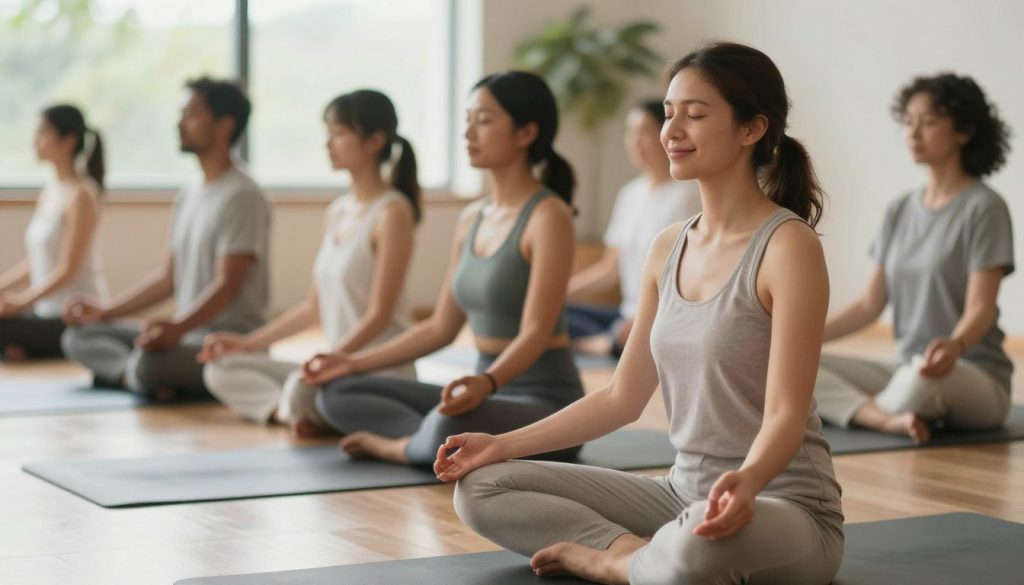 A serene scene depicting a diverse group of individuals practicing mindful breathing in a tranquil indoor environment. In the foreground, a smiling woman in comfortable, modest clothing sits cross-legged on a yoga mat, with closed eyes and hands resting on her knees, exuding calmness. The middle layer features a small group of diverse individuals engaged in similar postures, creating a sense of unity and focus. The background showcases a sunlit room with gentle greenery visible through a large window, soft natural light illuminating the space. A smooth bokeh effect blurs the background slightly, enhancing the peaceful atmosphere. The overall mood conveys tranquility, mindfulness, and community, emphasizing the practice of mindful breathing as a calming and centering experience.