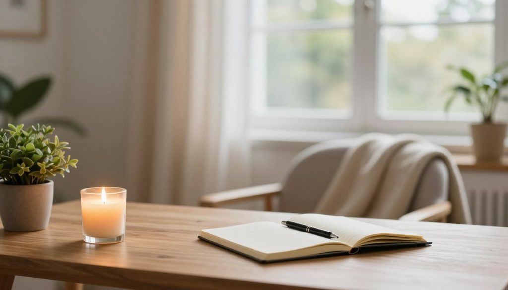 A serene scene depicting a well-lit, tranquil workspace designed for mindfulness practice. In the foreground, a clean, simple wooden desk holds a softly glowing candle, an open notebook with a gentle pen resting beside it, and a small potted plant. The middle ground features a comfortable chair draped with a soft blanket, inviting relaxation. The background is a softly blurred view of a sunlit window with sheer curtains billowing slightly, hinting at a peaceful outdoor garden. Use warm, natural lighting to create a calming atmosphere, enhancing the feelings of focus and clarity. The overall mood should be tranquil and inviting, perfect for beginners looking to establish a light and achievable mindfulness practice.