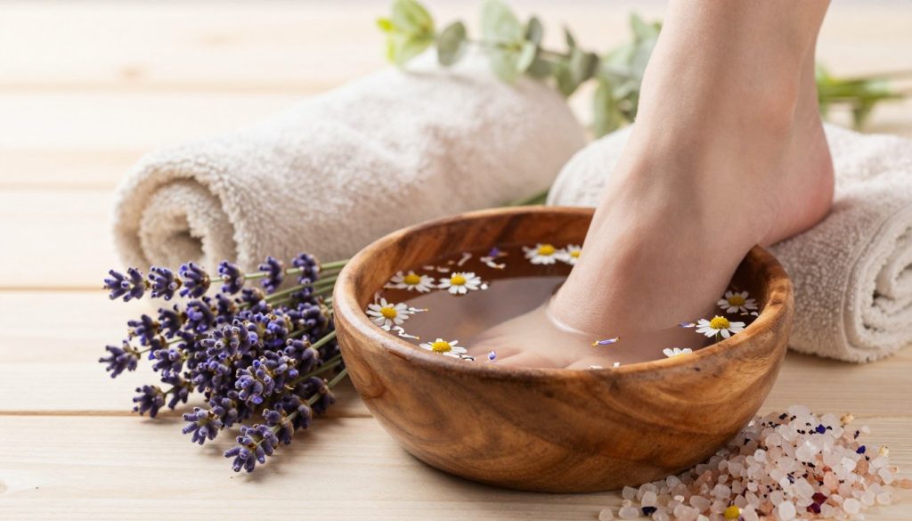 A serene setup for a relaxing foot soak featuring fresh lavender, chamomile flowers, and coarse sea salt. In the foreground, a rustic wooden bowl filled with warm water, surrounded by sprigs of lavender and piles of sea salt, creating an inviting atmosphere. Soft chamomile petals float on the water's surface, enhancing the calming vibe. The middle ground showcases a cozy, soft towel draped beside the bowl, with a hint of green plants adding a touch of freshness. In the background, a gentle, diffused light filters in, creating a warm and tranquil ambiance, complemented by soft shadows against a subtle, natural wooden surface. The overall mood is peaceful and rejuvenating, perfect for a home spa experience.