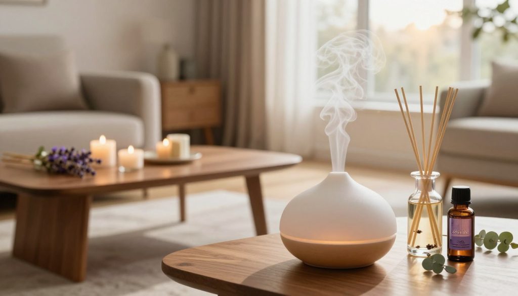 A sleek and modern living room featuring various beautifully arranged natural diffusers. In the foreground, showcase an elegant ceramic diffuser emitting a gentle plume of calming steam, surrounded by small glass bottles filled with essential oils like lavender and eucalyptus. In the middle ground, include a wooden coffee table adorned with candles and dried flowers, creating a cozy ambiance. The background should display a softly lit window with sheer curtains, allowing warm sunlight to filter through, illuminating the space. The mood is serene and inviting, perfect for a tranquil home atmosphere. Use soft, natural lighting to enhance the soothing feel of the scene, with a slightly blurred background to emphasize the focus on the diffusers.