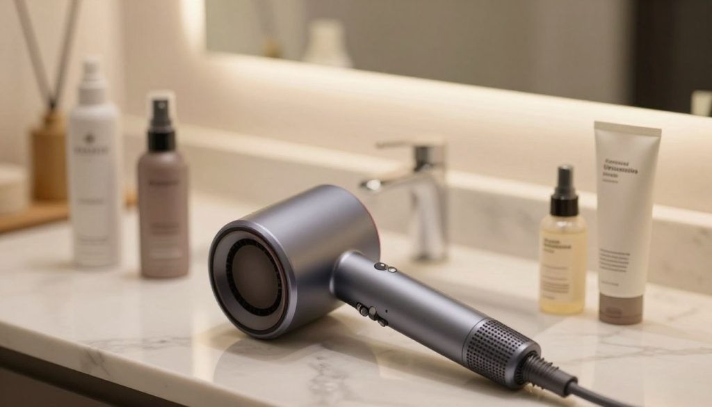 A sleek, modern hair dryer with a stylish design sits prominently in the foreground, its shiny surface reflecting soft, ambient light. Surrounding the dryer are essential thermal protection products, such as a lightweight spray bottle and a tube of nourishing serum, arranged neatly to showcase their importance in hair care. In the middle ground, a blurred bathroom setting with elegant marble countertops and a mirror enhances the focus on the hair dryer and protection products. The background features soft, warm lighting that creates a cozy, inviting atmosphere. This image should convey a sense of care and professionalism, emphasizing the importance of using thermal protection to maintain healthy hair while styling. The angle captures the scene from slightly above, highlighting the equipment's sleekness without any clutter or distractions.