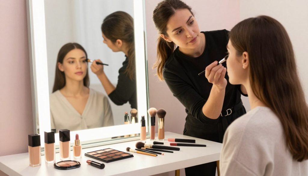 A step-by-step makeup tutorial setup, featuring a professional makeup artist demonstrating a simple and quick daily makeup routine. In the foreground, a neatly organized makeup table with various products: foundation, concealer, eyeshadow palette, brushes, and lipstick placed in an aesthetically pleasing arrangement. The makeup artist, dressed in smart casual attire, is applying makeup on a model with a natural look, ensuring clarity and focus on their technique. In the middle ground, an elegantly lit mirror reflects their actions, highlighting the artist's skill. The background consists of soft, pastel colors that evoke a calm and inviting atmosphere. Soft, diffused lighting accentuates the textures of the makeup products and creates a warm, approachable feeling, ideal for a tutorial.