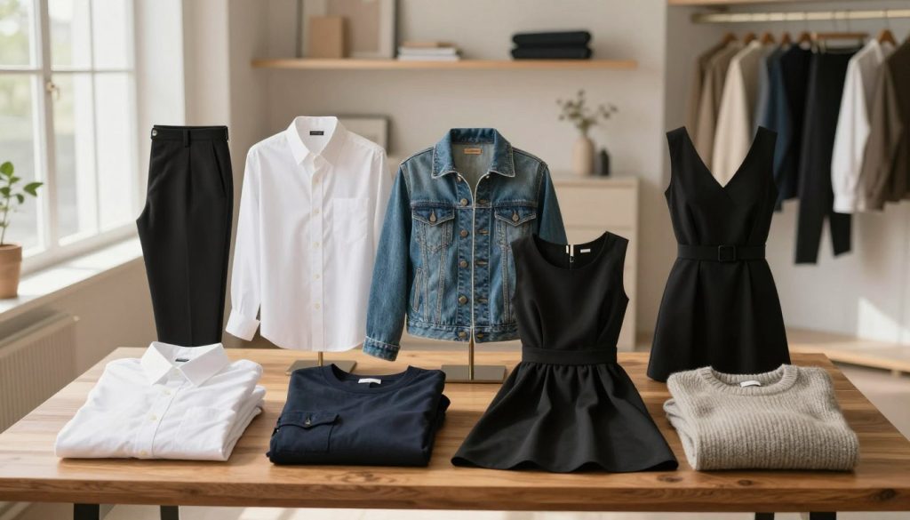 A stylish arrangement of essential clothing pieces for a capsule wardrobe, displayed against a softly lit backdrop. In the foreground, a well-organized layout features five key items: a classic white button-up shirt, tailored black trousers, a versatile denim jacket, a chic little black dress, and a cozy cashmere sweater. These garments are elegantly folded and positioned on a wooden table. In the middle ground, soft natural light filters through large windows, casting gentle shadows that enhance the textures of the fabrics. The background showcases a minimalist closet with neatly hung clothing and soft, neutral-colored decor, creating a calm and sophisticated atmosphere that reflects a curated fashion aesthetic. Aim for a warm and inviting mood to inspire viewers.