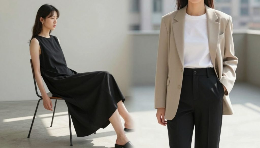 A stylish, minimalist woman standing in a modern urban environment, showcasing three outfit variations that embody daily minimalistic looks with personality. In the foreground, she wears a tailored beige blazer over a crisp white t-shirt, paired with high-waisted, tailored black trousers. In the middle, a fashionably simple, flowing black dress with subtle accessories can be seen draped elegantly on a nearby chair. The background features a soft-focus cityscape, emphasizing simplicity with clean lines and muted colors. Natural daylight filters through, casting soft shadows, creating an inviting atmosphere. Capture this from a slightly elevated angle to highlight the outfits while keeping the background unobtrusive, conveying a calm and chic lifestyle.