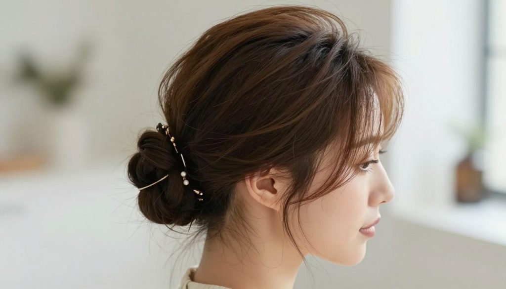 A stylish, modern coque hairstyle on a woman with short hair, showcasing a semi-updo variation perfect for time-constrained situations. The foreground features the woman's head and shoulders, adorned with subtle hair accessories that add elegance without overwhelming the look. Her hair is neatly styled into a sleek bun, with loose strands artfully framing her face, reflecting a chic and effortless vibe. The background is softly blurred, hinting at a bright, inviting indoor setting with soft, natural light illuminating the hair, emphasizing texture and shine. The image is captured from a slightly elevated angle, focusing on the hairstyle, evoking a sense of sophistication and ease. The overall mood is relaxed yet polished, ideal for quick styling solutions.