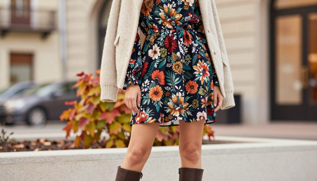 A stylish winter scene showcasing a woman in a chic outfit featuring a short dress and ankle boots. She stands confidently in the foreground, wearing a cozy oversized sweater draped over her shoulders while the dress showcases a vibrant floral print that pops against the soft, neutral tones of her ensemble. In the middle ground, colorful leaves hint at autumn, while the background features a gently blurred urban landscape with soft lighting, casting a warm glow that creates a cozy atmosphere. The lens captures a slight angle to emphasize the outfit's layers, focusing on how the colors and prints complement each other. The overall mood is fashionable and inviting, ideal for winter styling inspiration.