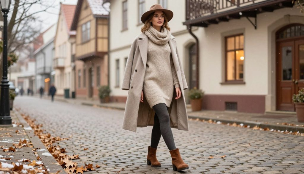 A stylish woman wearing a short-cuffed boot stands confidently on a cobblestone street during winter. She is dressed in a chic, warm sweater dress that complements the earthy tones of her boots, and has a tailored, mid-length coat draped elegantly over her shoulders. Accessories like a soft knit scarf and fitted thermal tights enhance her look, while a stylish hat frames her face. The foreground features textured layers of fallen leaves and light snowflakes softly falling around her. In the middle ground, quaint historic buildings provide a cozy backdrop, with warm light glowing from nearby windows. The atmosphere is inviting and stylish, evoking a sense of comfort and sophistication, with soft, diffused daylight illuminating the scene. The angle captures the woman slightly from below, emphasizing her poised stature against the winter backdrop.